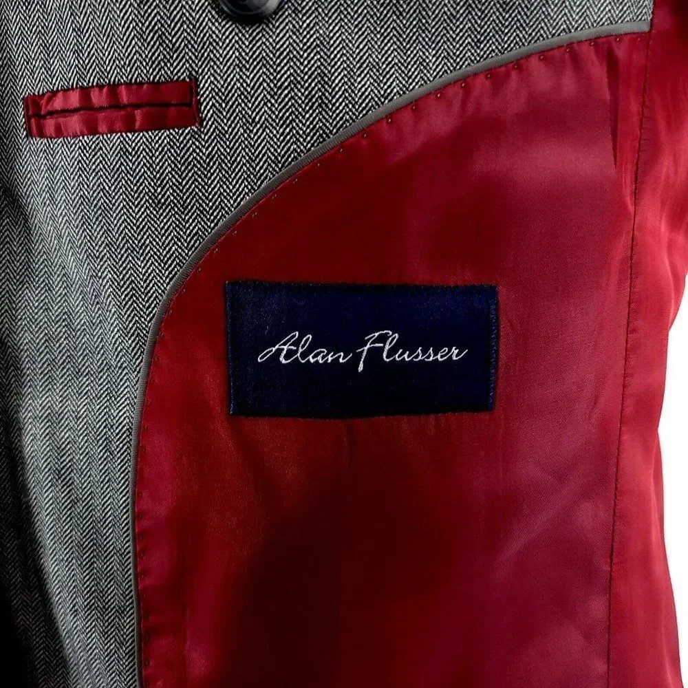 Alan Flusser Silk Worsted Wool Gray Herringbone 2 Button‎ Blazer 40R